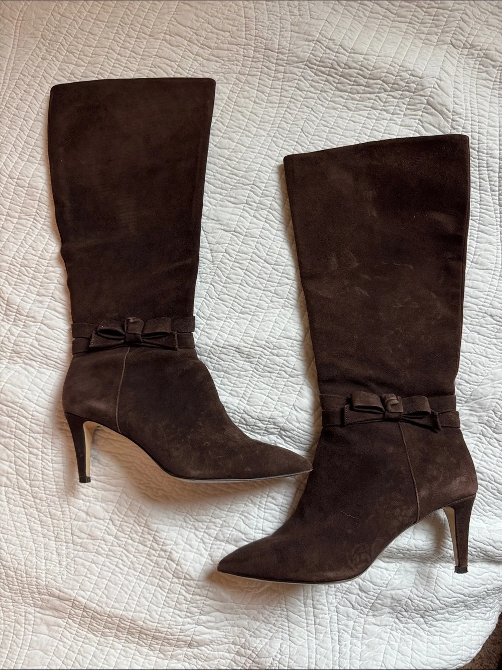 kate spade Dark Brown Suede Pointed-Toe Mid-Calf Heeled Boots with Bow